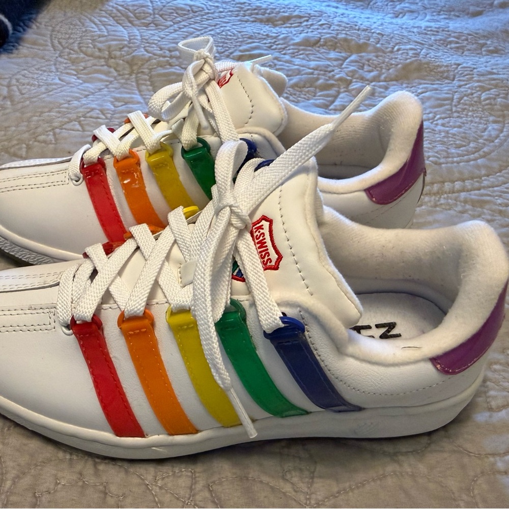 K-Swiss White Sneakers with Rainbow Stripe Accents